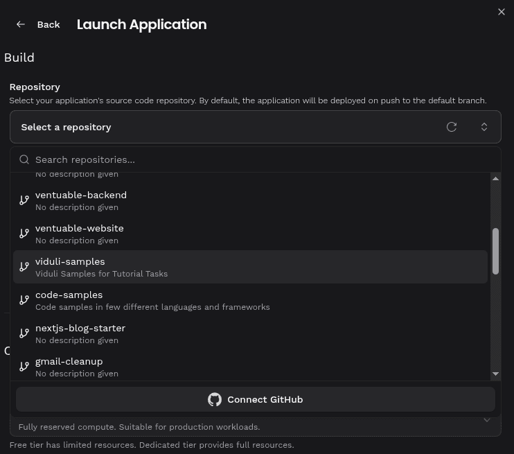 GitHub repository selector